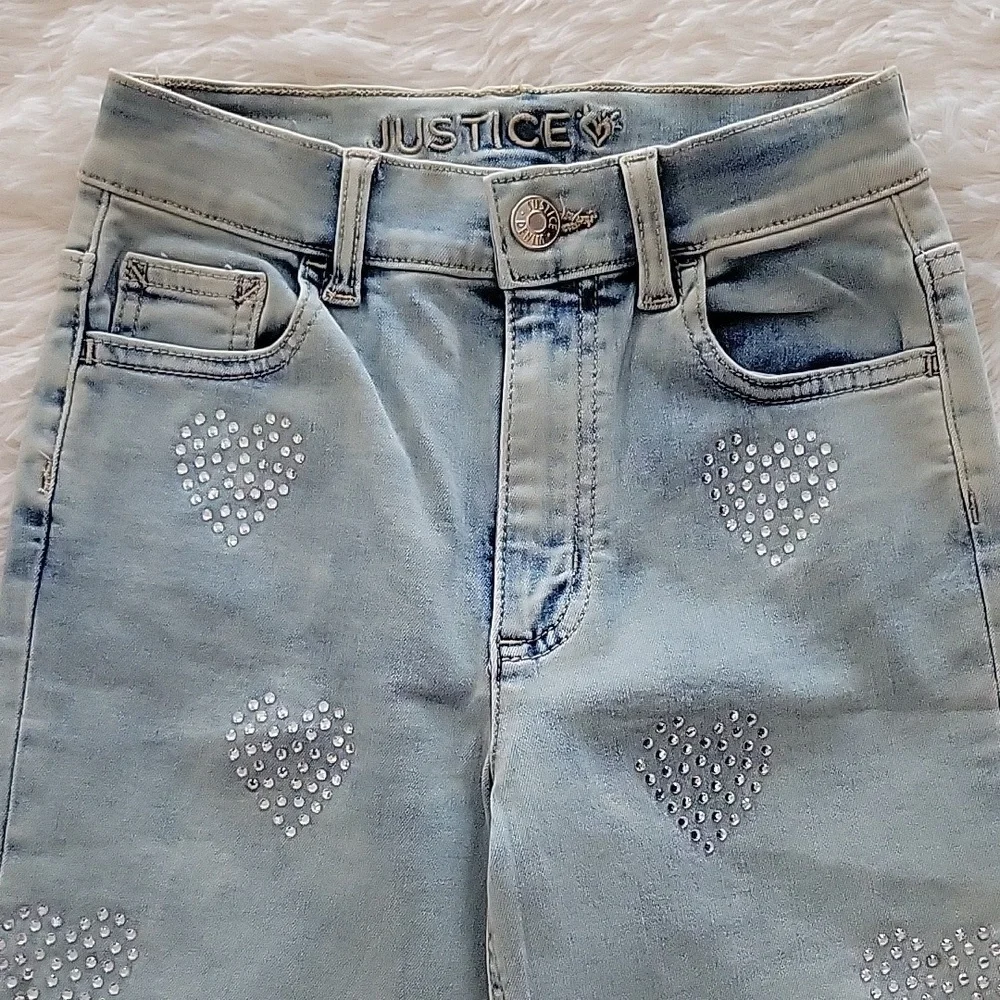 Justice Rhinestone Heart Mini Mom Jeans Light Wash Girls Size 12 Slim